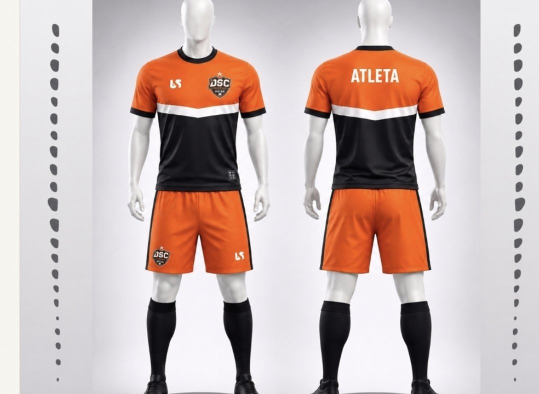 Uniforme oficial da DSC Soccer Méier — camisa laranja e preta, short laranja, meião preto